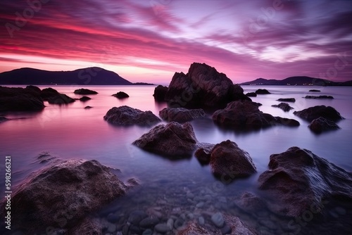 stunning sunset over the ocean with rocks in the foreground. Generative AI Generative AI