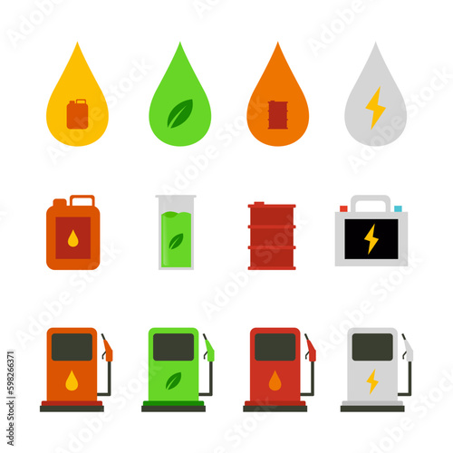 vector package, symbols of various types of fuel (electric charging, petrol, diesel, gas, biodiesel, eco gas station) isolate on white background photo