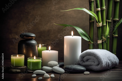 Spa still life with foreground with burning white candles, stones and bamboo stems