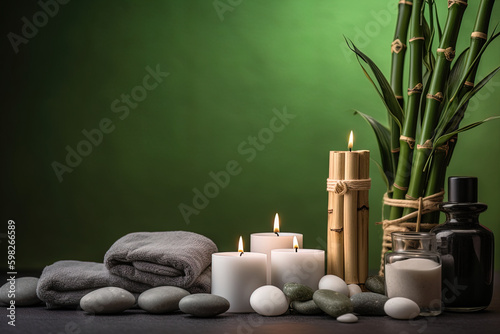 Spa still life with foreground with burning white candles, stones and bamboo stems
