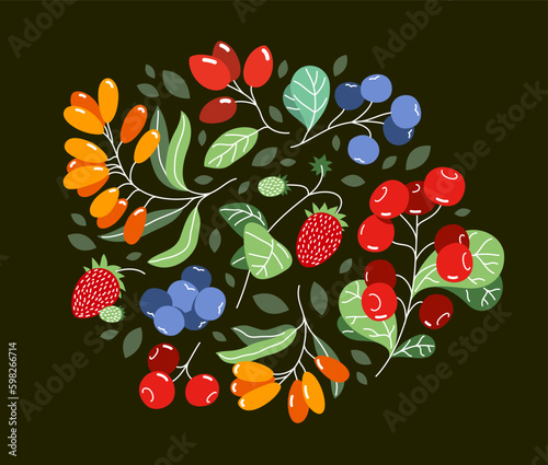 Wild berries fresh and ripe tasty healthy food vector flat style illustration over dark background, delicious vegetation diet eating, organic food.