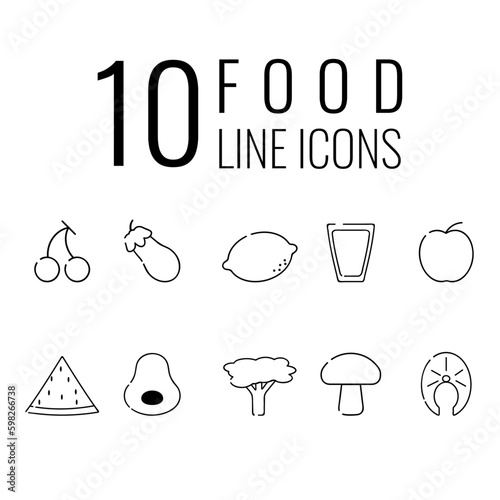 10 food line icons healthy eating colored icons cherry eggplant lemon glass of water apple watermelon avocado broccoli mushrooms fish nice comfortable fast line style