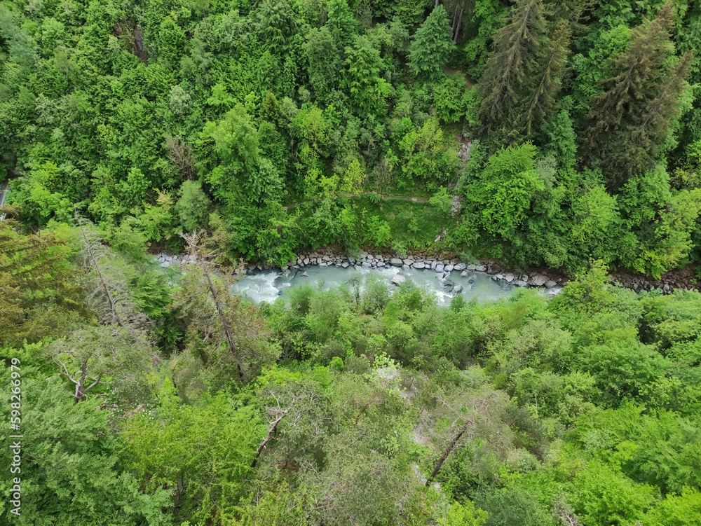 River in the forest. A view on a river from the height. Spring green trees. Mountain near Insbruck, Austria. Cyan color of water. Stones on the coastline. Frome above.