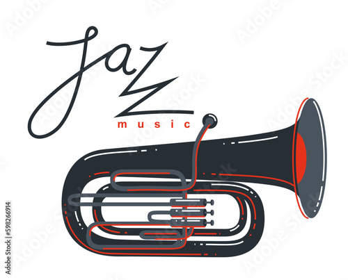 Jazz music emblem or logo vector flat style illustration isolated, tuba logotype for recording label or studio or musical band.