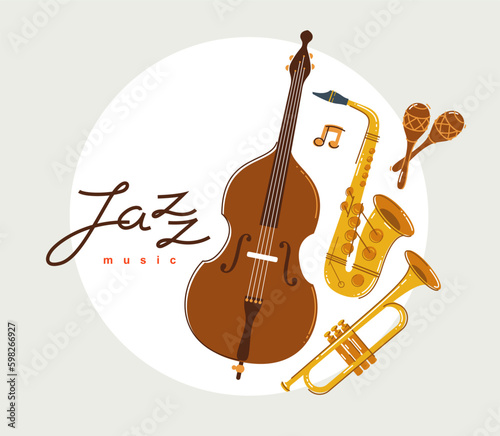 Jazz music band poster vector flat illustration, live sound festival or concert advertising flyer or banner, play different instruments orchestra.