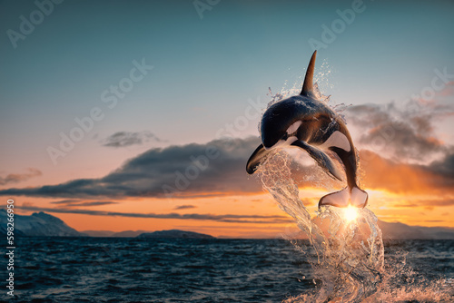Killer whale aka Orca leaping from sunset ocean water with splashes, Norway fjord at background