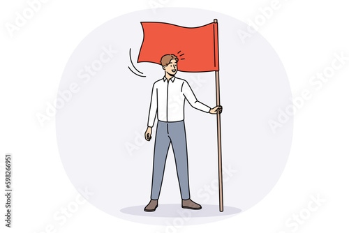 Happy young businessman hold flag demonstrate goal achievement. Smiling male employee or worker show leadership and motivation. Aim accomplishment and success. Vector illustration. Generative AI