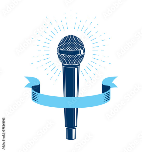 Microphone vector logo or emblem isolated on white, MC rapper or rap battle concept, stand up comic or radio, blogger.