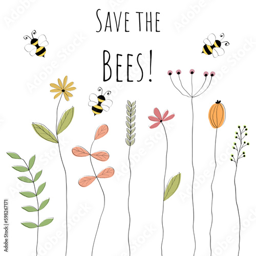 Save the Bees! - Schriftzug in englischer Sprache - Rettet die Bienen! Impuls zum Artenschutz von Bienen und mehr Biodiversität. Vektorgrafik mit liebevoll gezeichneten Bienen und Blumen.