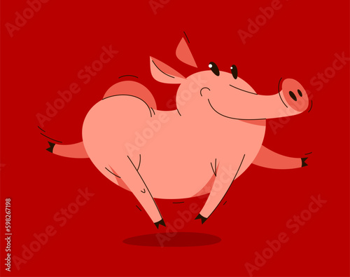 Funny cartoon pig runs happy and hilarious vector illustration, activity happy enjoying animal swine character drawing.