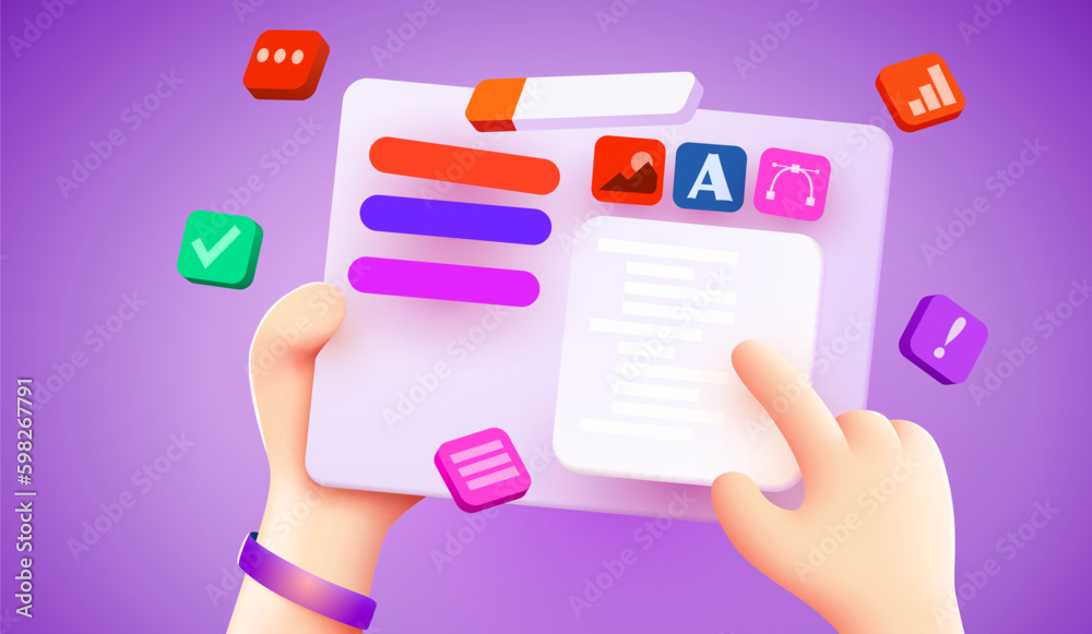 Cute 3d hands are holding a tablet with a design interface. Design development concept. Generative AI Cute 3d hands are holding a tablet with a design interface. Design development concept. Generative AI