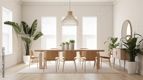 modern art deco dining room space with indoor plants, rustic earth tone paint colors, bright and airy, AI-generated