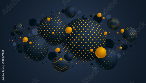Abstract black and yellow dotted spheres vector background, composition of flying balls decorated with dots, 3D mixed globes