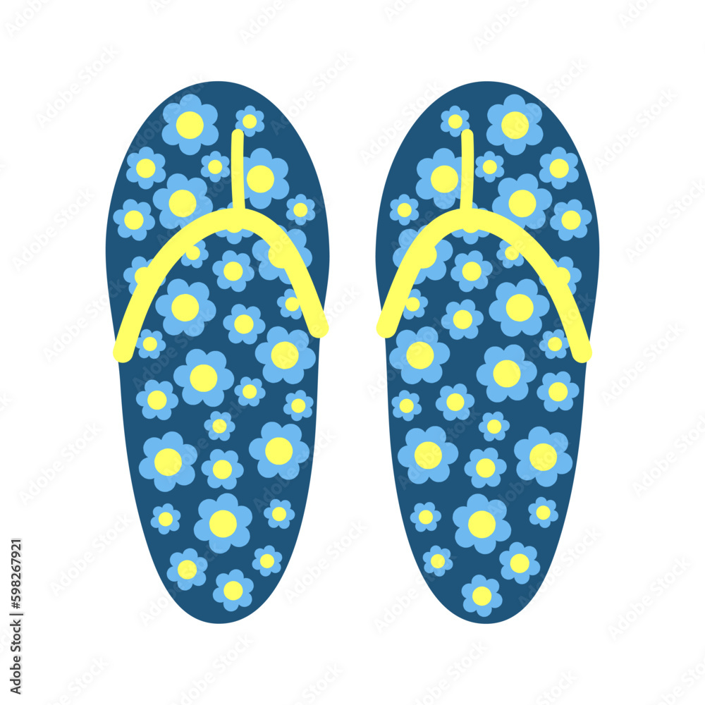 Blue beach sandals with daisies. Floral flip flops. Summer shoes