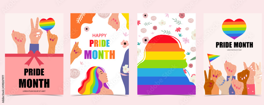 Pride month day background with rainbow, hand and heart