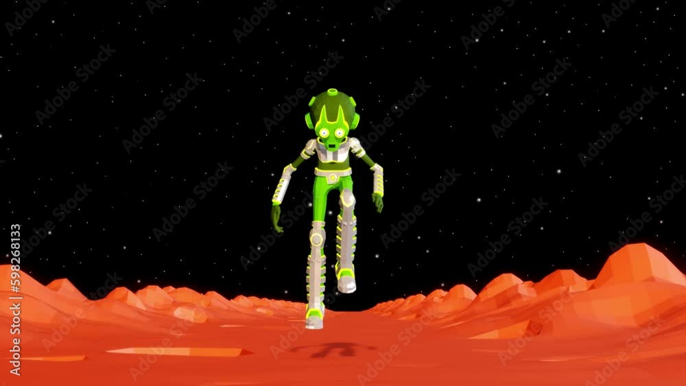 Green alien is walking on the surface of Mars in lowgravity. Martian