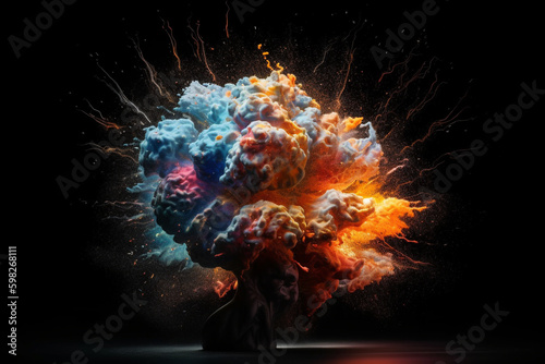 An imaginative image of a colorful brain exploding with creativity  emotions and ideas. Ai generated.