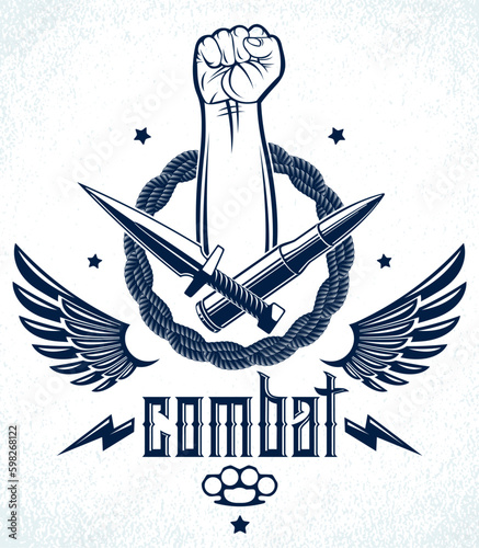 Revolution and Riot aggressive emblem or logo with strong clenched fist, weapons and different design elements , vector tattoo, anarchy and chaos, rebel partisan and revolutionary.
