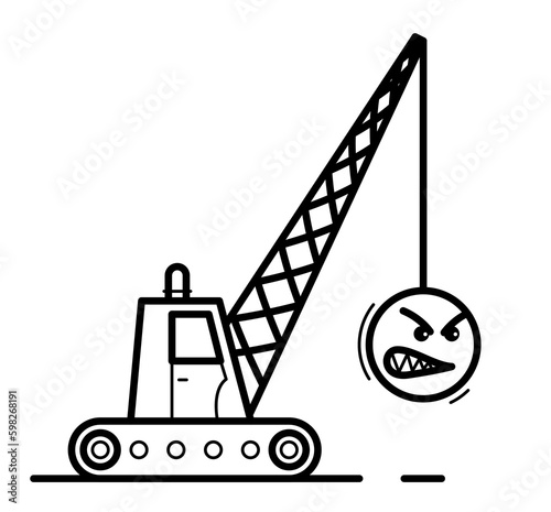 Demolition machine with weight metal ball with facial expression of aggression humorous vector illustration isolated on white background.