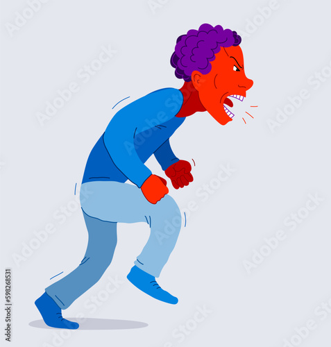 Aggressive man psychological abuser vector illustration, scream and shout quarrel with violent clenched fists, domestic violence and abuse, alcoholism bad behavior, psychopath manipulator.