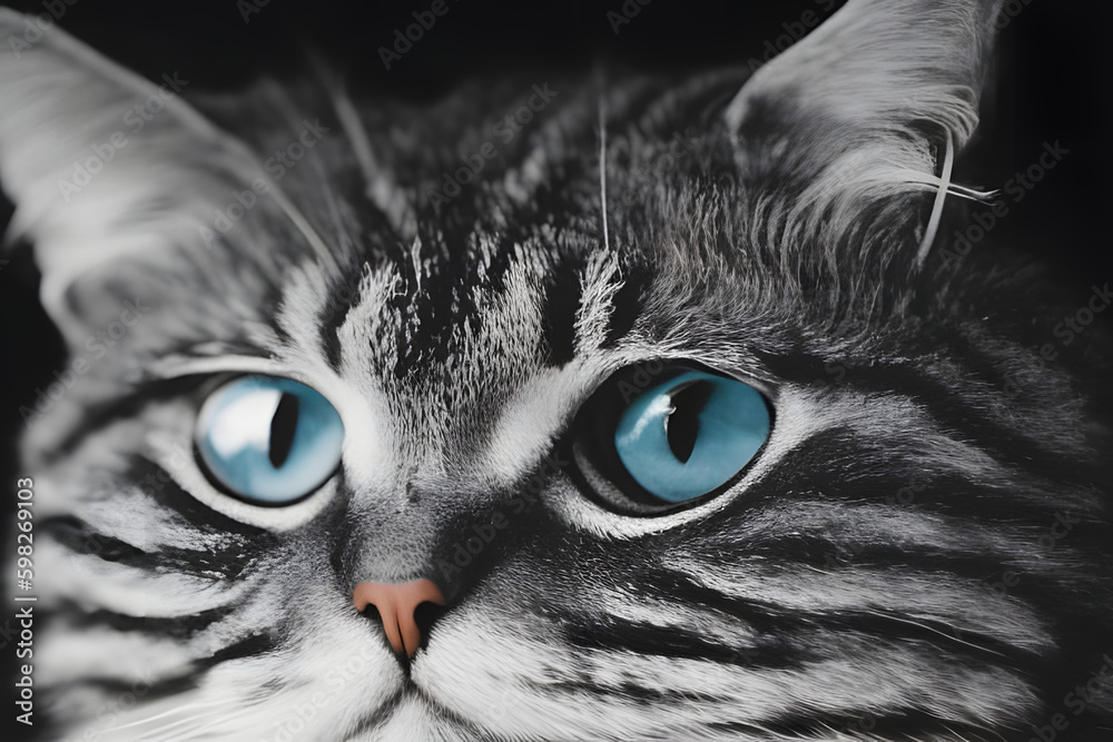 Skeptic surprised cat thinking & dont know what to do, big eyes closeup. Tabby cat look side