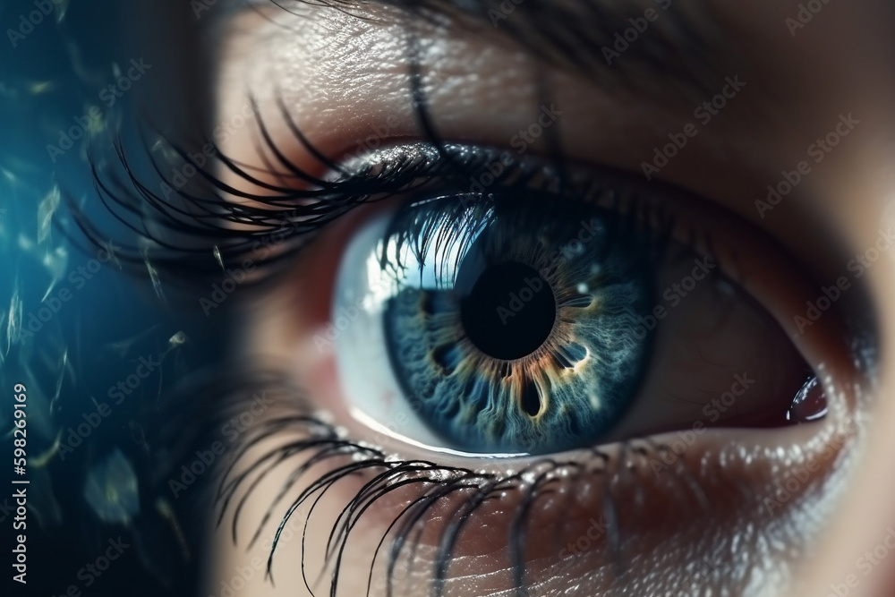 A mesmerizing image of a human eye, with a close-up on the iris reflecting a stunning world. Ai generated.