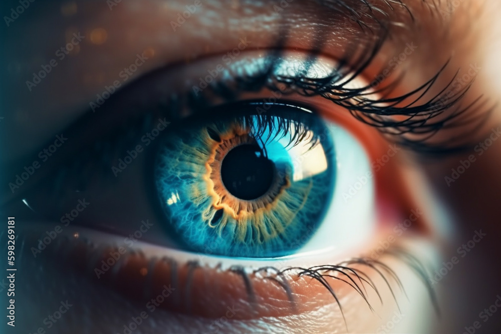 A mesmerizing image of a human eye, with a close-up on the iris reflecting a stunning world. Ai generated. A mesmerizing image of a human eye, with a close-up on the iris reflecting a stunning world. Ai generated.