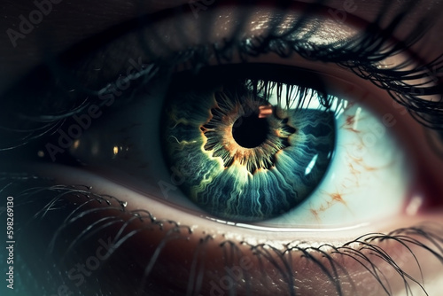 A mesmerizing image of a human eye  with a close-up on the iris reflecting a stunning world. Ai generated.