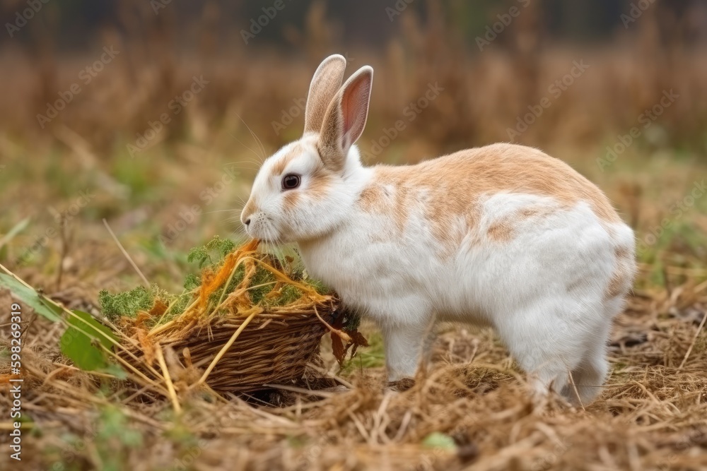 cute white rabbit happily munching on a carrot in a sunny green field. Generative AI Generative AI cute white rabbit happily munching on a carrot in a sunny green field. Generative AI Generative AI