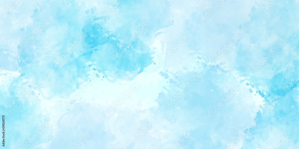 Blue watercolor sky background with white clouds illustration. Soft white clouds in light blue sky watercolor background.