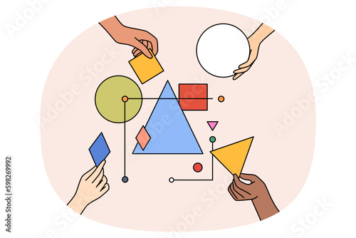 Multiethnic work team connect geometrical shapes and figures involved in teambuilding activity. Hands building system together. Partnership and teamwork concept. Vector illustration. Generative AI
