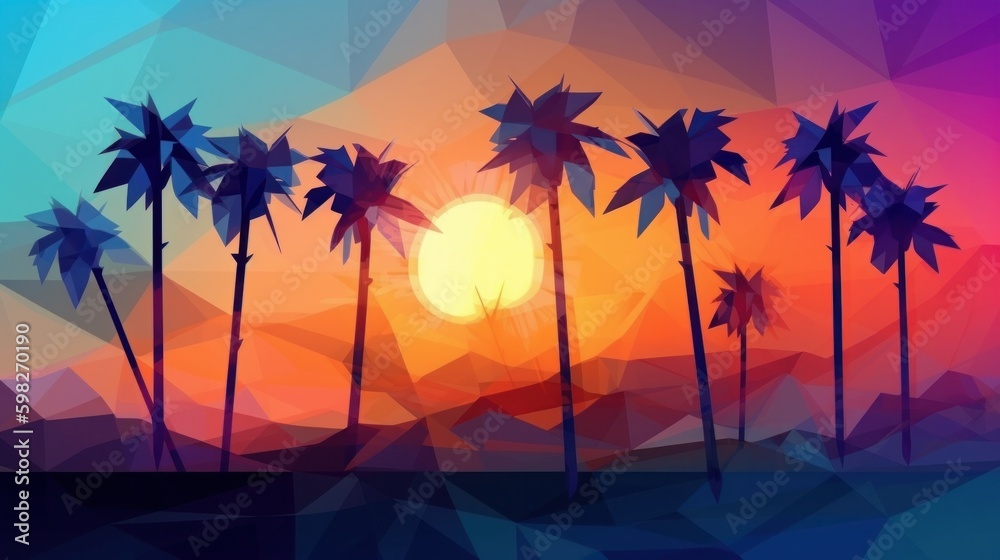 Blue palm trees at sunset, colorful polygonal illustration. AI generated.