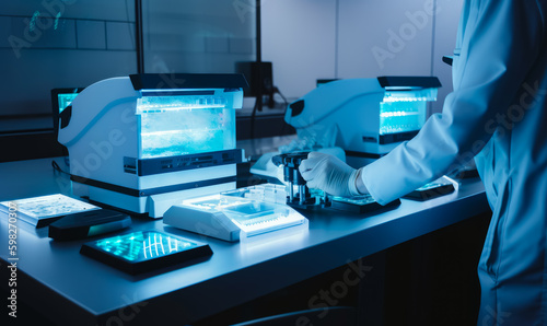 Technician working at the desk in the modern scientific laboratory. High-tech equipment in the biotechnical lab. Generative AI. photo