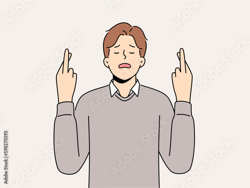 Hopeful man with finger crossed desire good fate and future. Male make gesture hope for better choices, ask god for good luck. Faith and superstition. Vector illustration.  Generative AI
