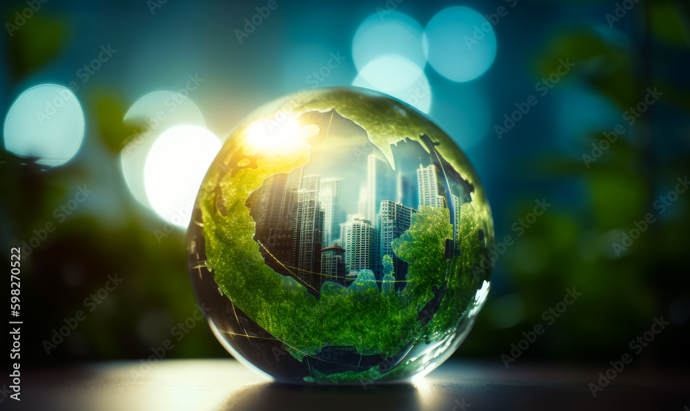 Glass model of planet with green continents. Metropolis skyscrapers inside the globe. Blurred backdrop. Generative AI. Glass model of planet with green continents. Metropolis skyscrapers inside the globe. Blurred backdrop. Generative AI.