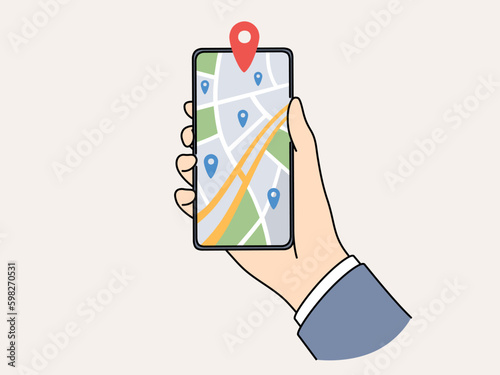 Closeup of person holding cellphone with GPS pointer on digital map. Man with smartphone track location on virtual map on device. Vector illustration.  Generative AI