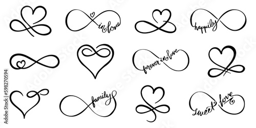 Set of black love infinity symbol. Infinite love with heart collection