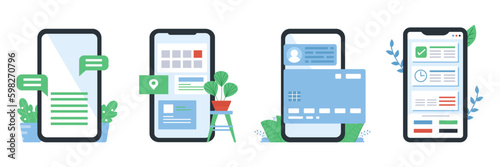 Set of mobile app frame. Chatting, calendar, payment, organizer phone app