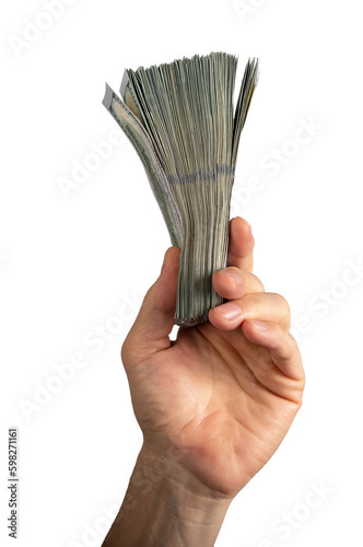 Hand holding dollar bills stack, money, bank notes, us banknotes isolated on white background