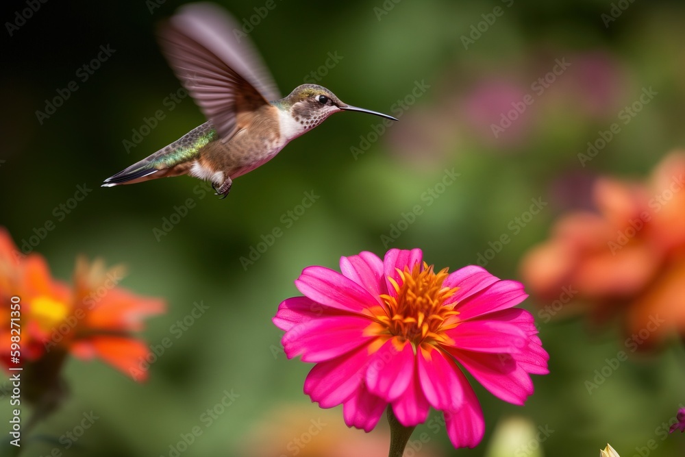 A hummingbird hovering in front of a flowe A hummingbird hovering in front of a flowe