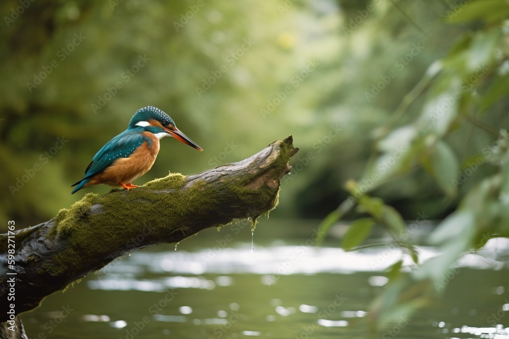 Fototapeta premium A kingfisher perched on a branch overhanging a rive