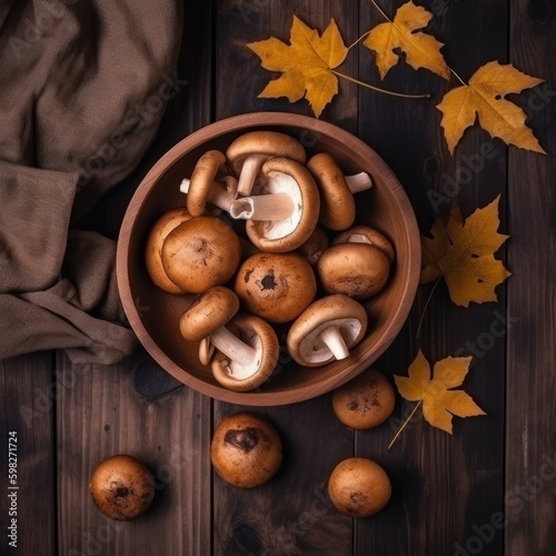 Mushrooms cep in autumn season on wood table, top view. AI generative.