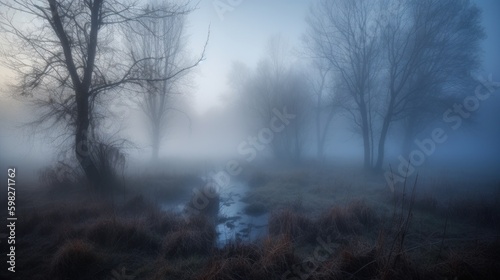 Mystical foggy morning. AI generated.