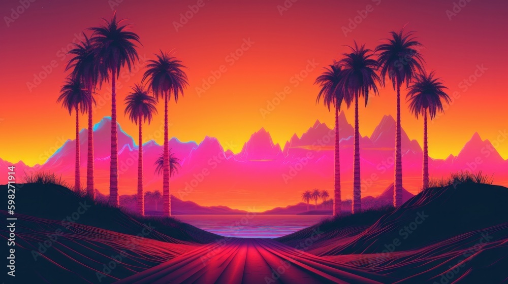 Retro synthwave landscape with bold colors. AI generative.