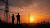 Silhouette of Engineer and worker checking project at building site background, construction site at sunset in evening time. AI generated