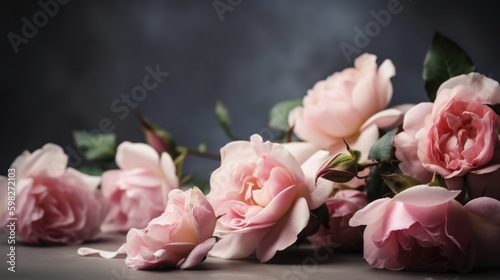 Spring border background with pink rose flower blossom. AI generative. © vadymstock
