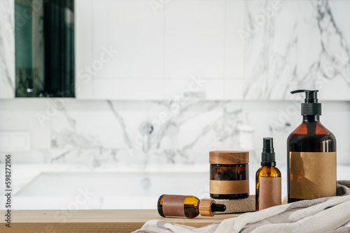 Beauty products on the shelf in modern bathroom