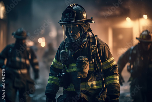 Brutal firefighter in uniform and safety helmet holding an oxygen mask and looking sideways with a confident look. Generative ai