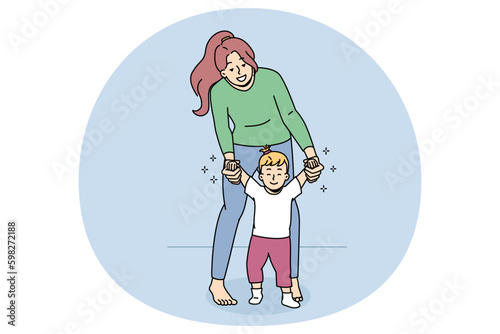 Happy young mother hold little baby child make first steps. Smiling loving mom lead excited small kid toddler walking. Motherhood and childhood concept. Flat vector illustration. Generative AI