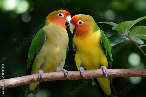 A pair of lovebirds sitting on a tree branc © Dan